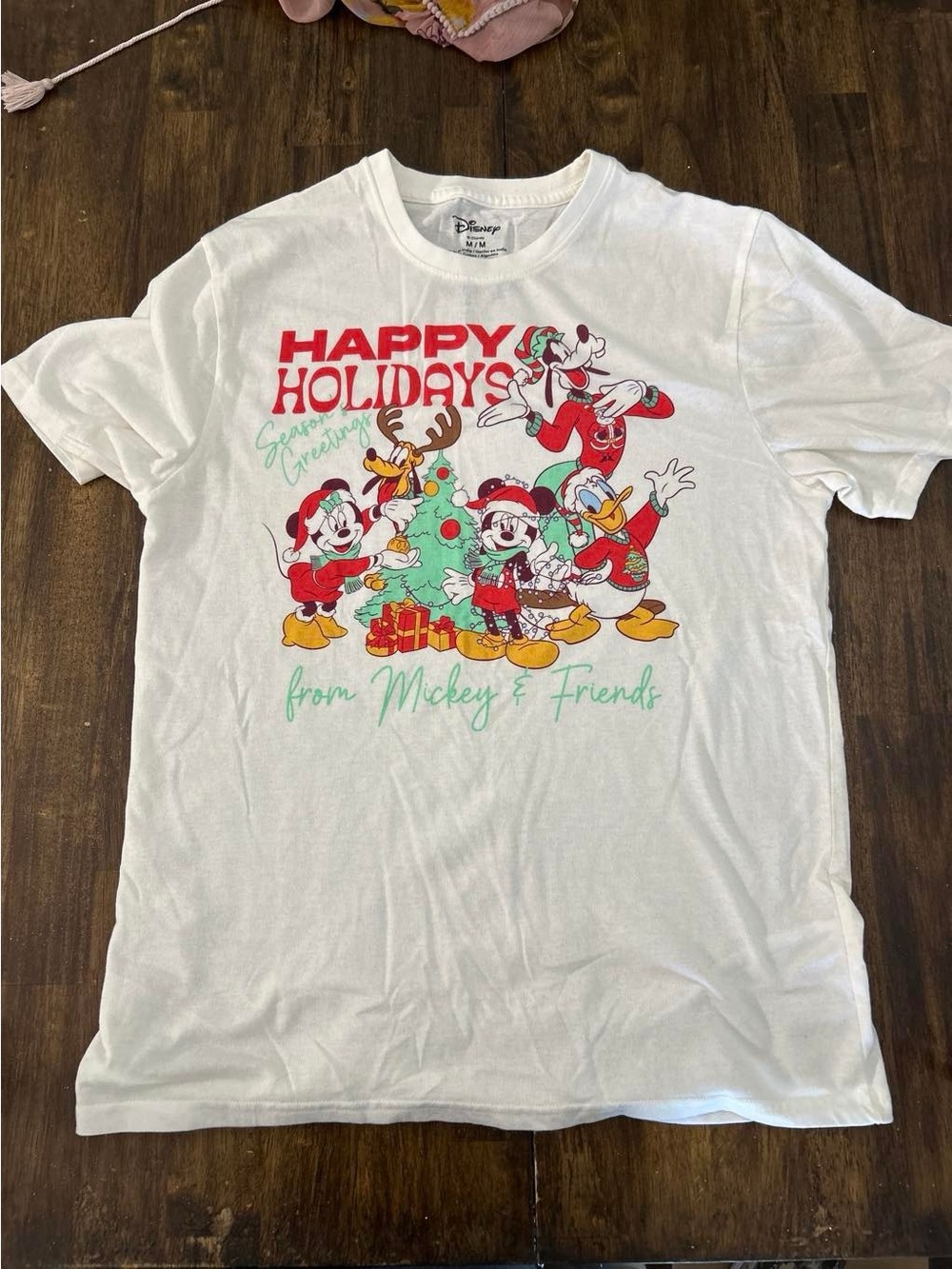 Disney White Holiday Mickey & Friends Graphic Tee with Red and Green Accents